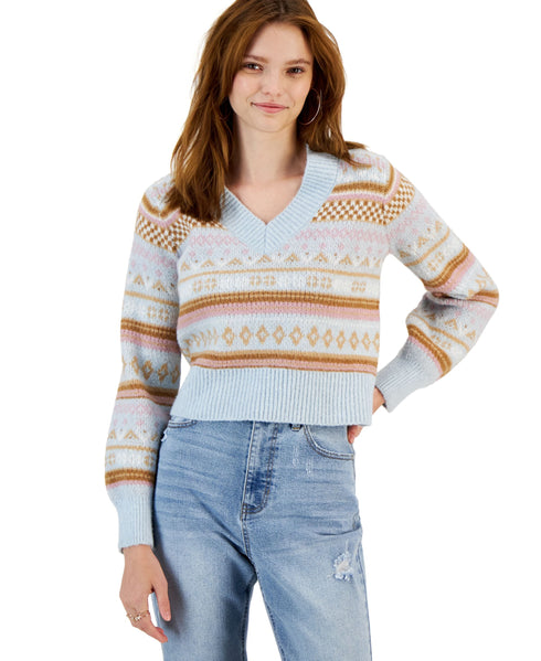 Juniors' Printed Bubble-Sleeve V-Neck Sweater